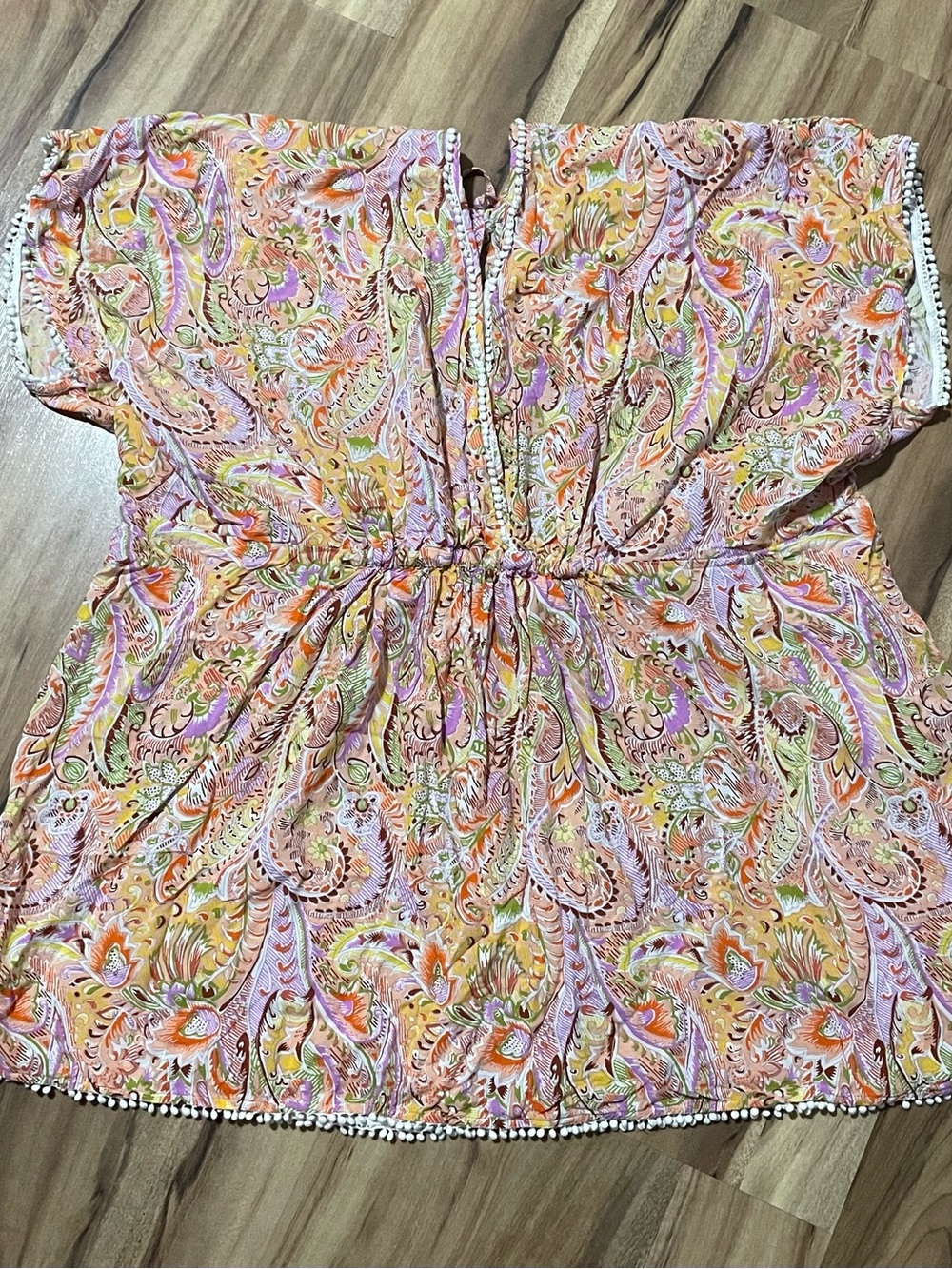 Victoria's Secret Cold Shoulder Paisley Cover Up Caftan Pom Pom Trim Tunic Sz S